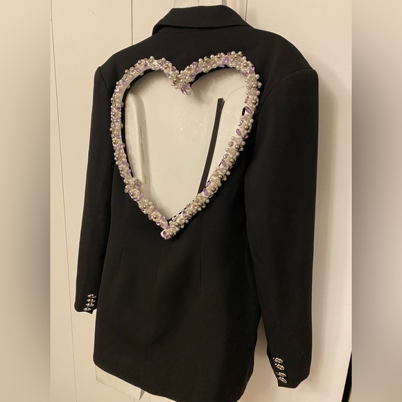 Black open back embellished heart oversized blazer size S/M - Picture 2 of 10